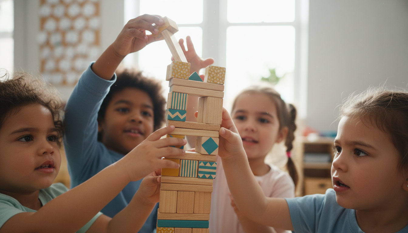 Preschool children building with blocks in a classroom
